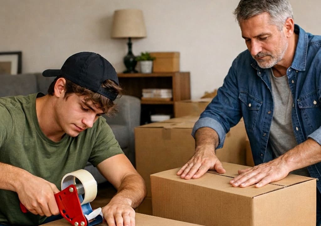 Father and son packing moving boxes together at home